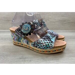 L'Artiste Spring Step Evesgarden Women's Blum Floral Wedge Sandals Blue Leather